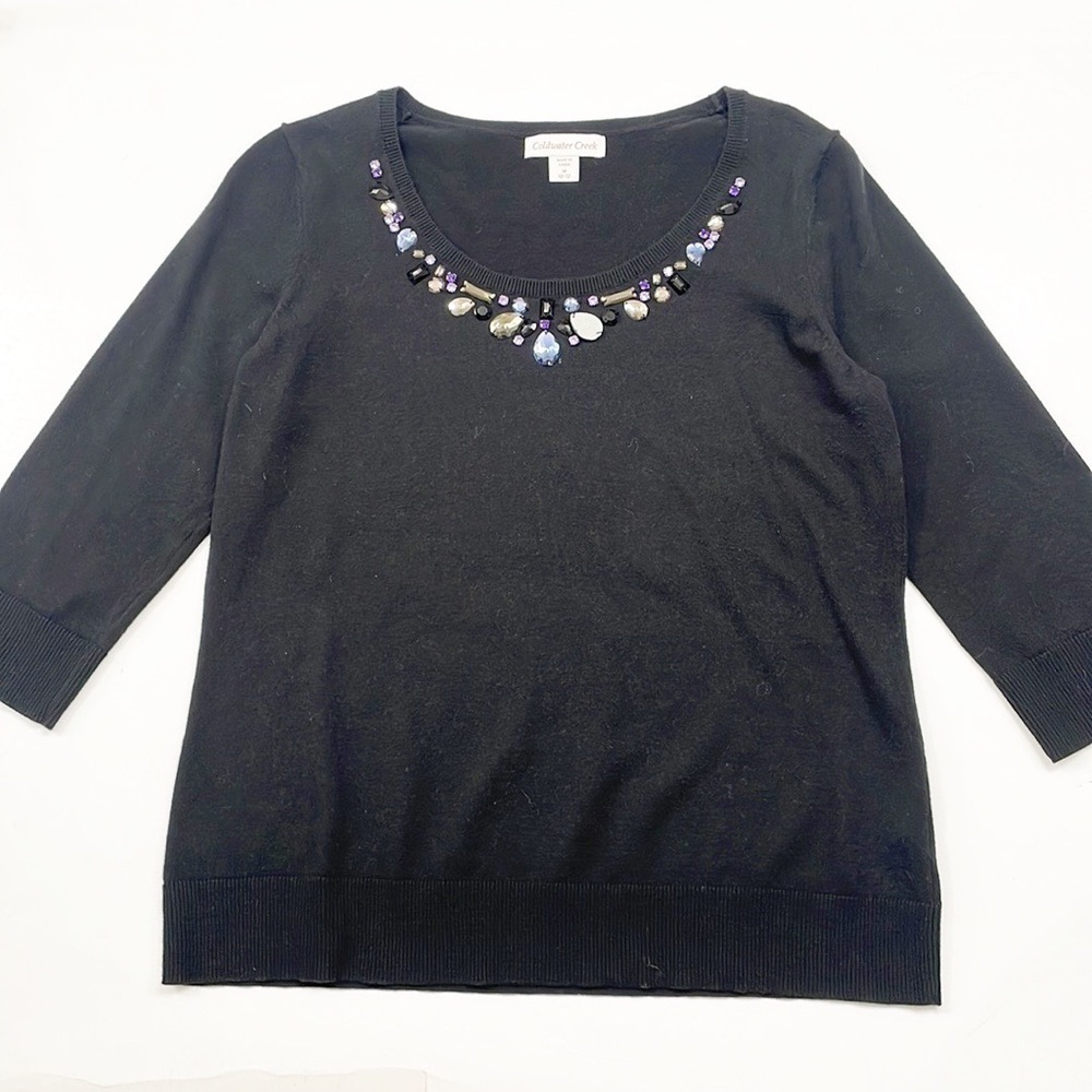 Coldwater Creek black jeweled accent 3/4 sleeve sweater